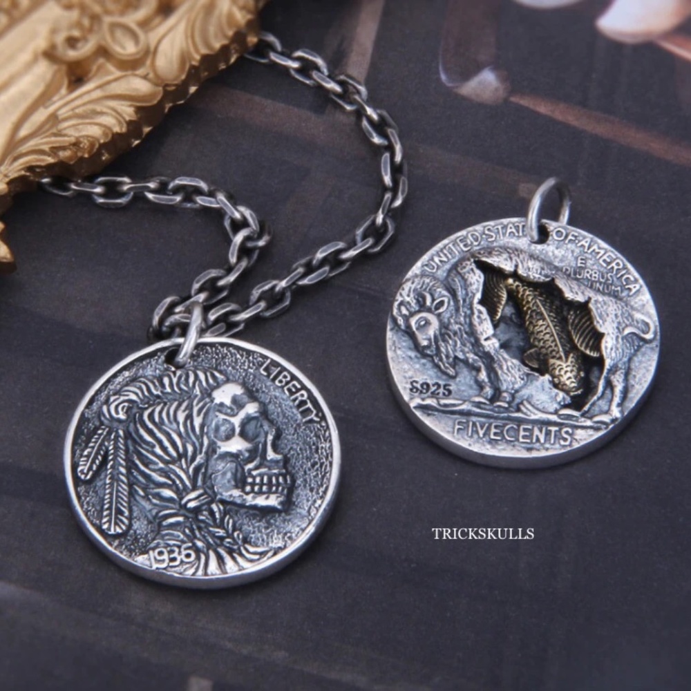 Buffalo Koi Skull Head Coin Charm Pendant Necklace Modern Vintage Streetwear NEW - Picture 4 of 11